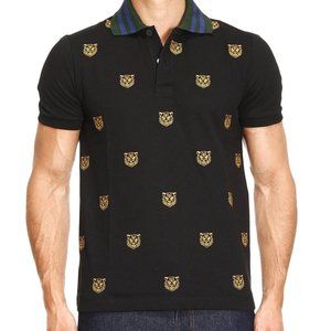 Gucci Black Polo with Gold Tiger Embroidery and Green-Blue Striped Collar